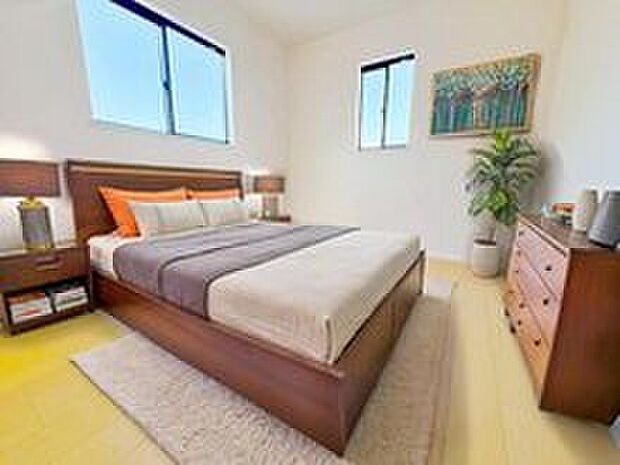 日当りの良さは写真でも充分に伝わるかと思いますが、開放感のある周囲にめぐまれたおかげで、風通しもとても良くなっております。※家具をCGで加工しています。家具付き販売ではございません。