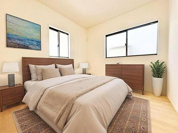 【リビング以外の居室】日当りの良さは写真でも充分に伝わるかと思いますが、開放感のある周囲にめぐまれたおかげで、風通しもとても良くなっております。
※家具をCGで加工しています。家具付き販売ではございません。