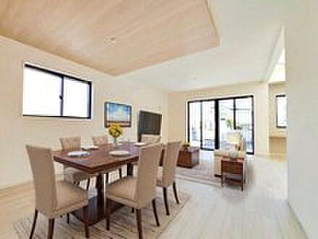 【リビング】明るく開放感のあるリビング。対面式キッチンは、いつでもご家族を感じられる空間作りの重要ポイントになりそうです。※家具をCGで加工しています。家具付き販売ではございません。