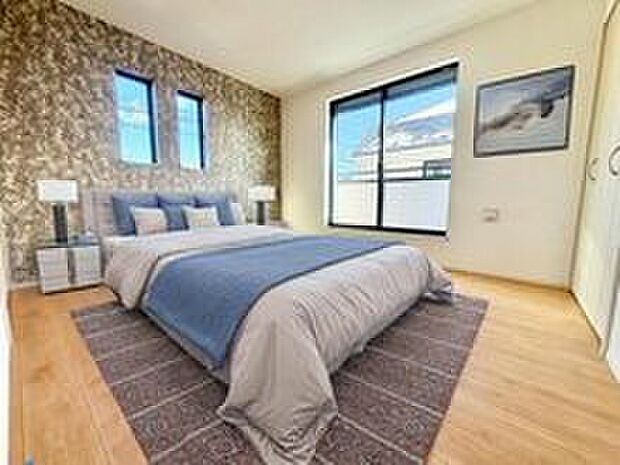 【リビング以外の居室】日当りの良さは写真でも充分に伝わるかと思いますが、開放感のある周囲にめぐまれたおかげで、風通しもとても良くなっております。※家具をCGで加工しています。家具付き販売ではございません。