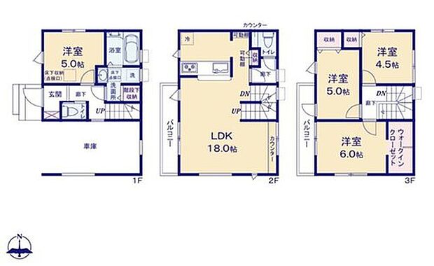 【4LDK】◇2階リビングは陽当たり・風通し共に良好で、ご家族みんなで過ごす空間をより居心地良くしてくれます♪
◇全居室収納完備＋主寝室にはWICを完備♪
◇LDKには多用途に使える造作カウンター付き♪