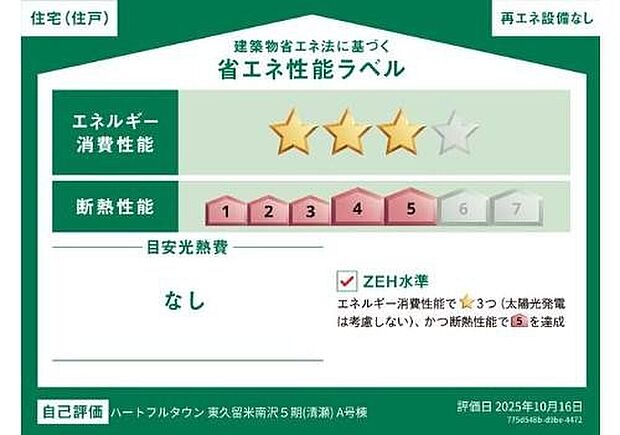 【省エネ性能ラベル】こちらの物件はZEH水準を満たした、省エネ性能に優れた物件です。 光熱費を抑えて暮らすことができるだけでなく、「熱の入りにくさ・逃げにくさ」という観点でも影響を受けにくい建物のため、長く快適にお過ごしいただけます♪