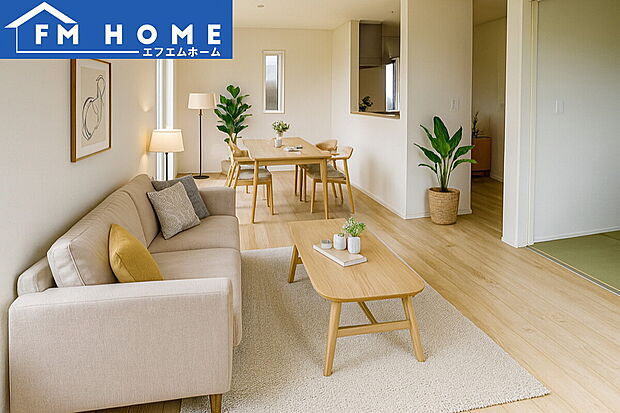 ■内装写真■
家族やゲストと穏やかな時間を過ごせるリビングです。柔らかな自然光が差し込み、落ち着いた雰囲気をもたらします。
※インテリアはCG加工で合成したイメージです。