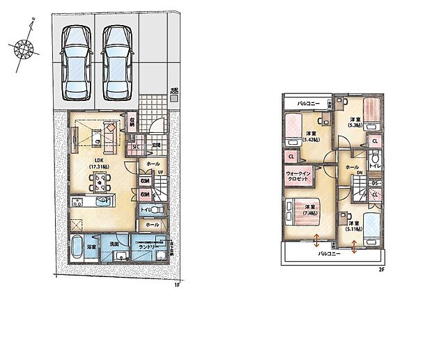 【間取り図】
LDKは約17.31帖の広さキッチンは調理中も会話が弾む対面仕様です。洗面横には便利なランドリースペースを設けました。各洋室は振り分けタイプなのでご家族のプライバシーを大切に過ごせます。