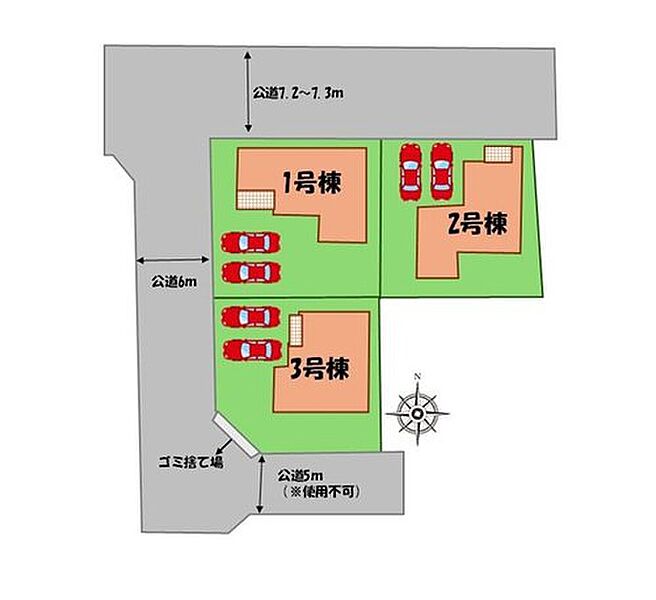 ≪全体区画図≫
駐車２台可能（車種による）！
急な来客時や、ご家族の自転車スペースとしても大活躍♪