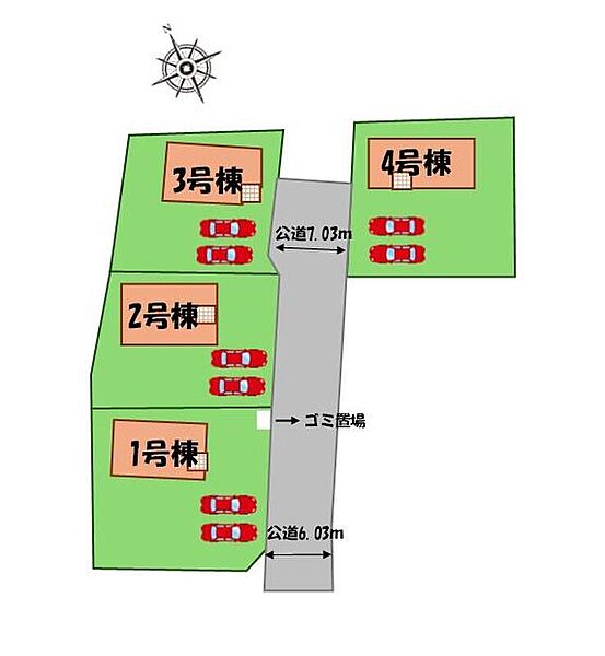 ≪全体区画図≫
駐車２台可能（車種による）！
急な来客時や、ご家族の自転車スペースとしても大活躍♪