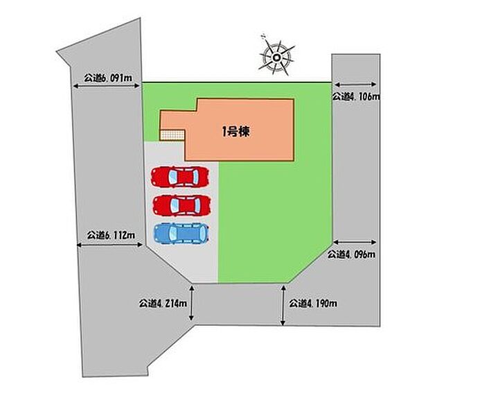 ≪全体区画図≫
駐車３台可能（車種による）！
急な来客時や、ご家族の自転車スペースとしても大活躍♪