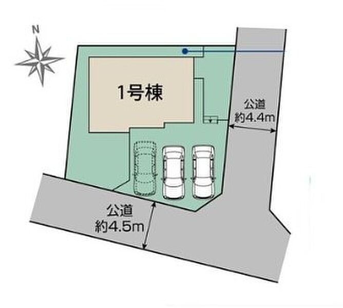 ≪全体区画図≫
東南角地で日当り良好！！並列3台駐車可能なカースペース付き♪（車種による）
急な来客時や、ご家族の自転車スペースとしても大活躍♪