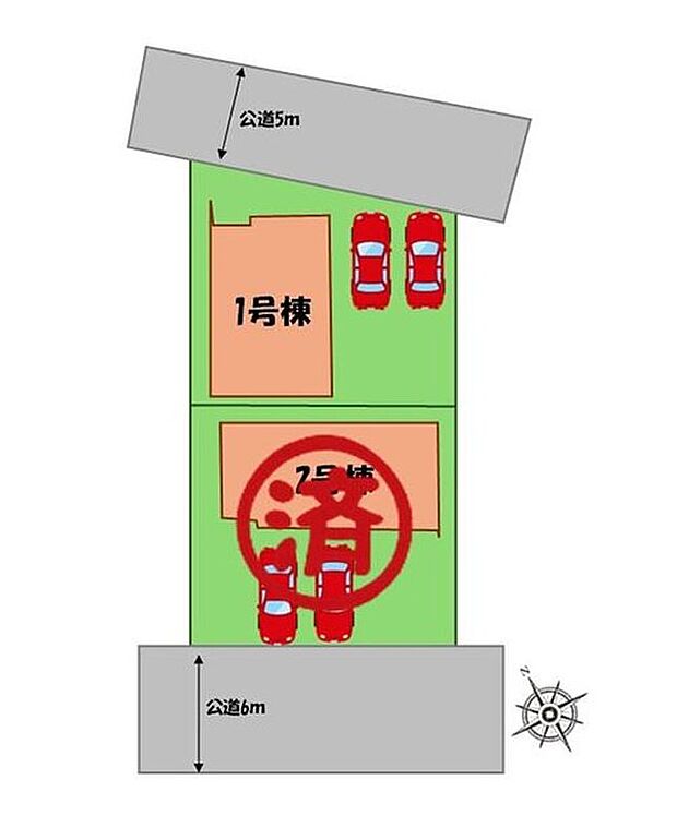 ≪全体区画図≫
駐車２台可能（車種による）！！
家族分の自転車を駐輪したり、来客用の駐車スペースとしてもお使いいただけます。