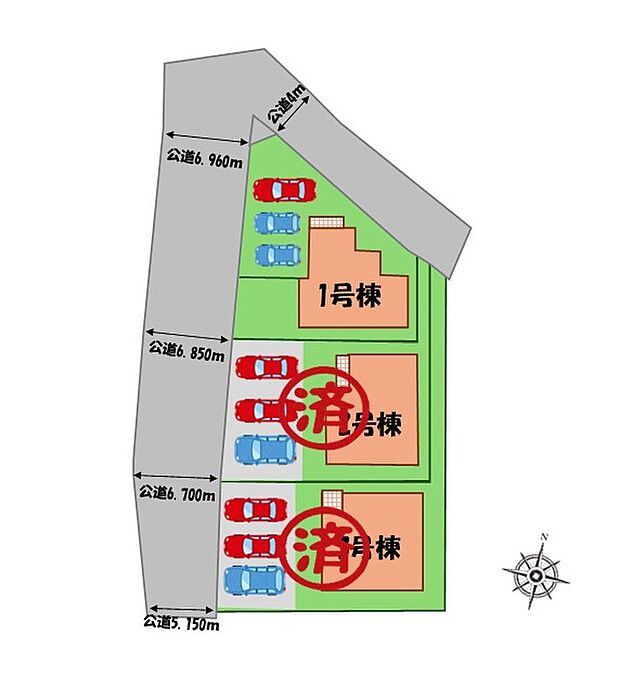 ≪全体区画図≫
駐車3台可能(車種による)!
急な来客時や、ご家族の自転車スペースとしても大活躍♪