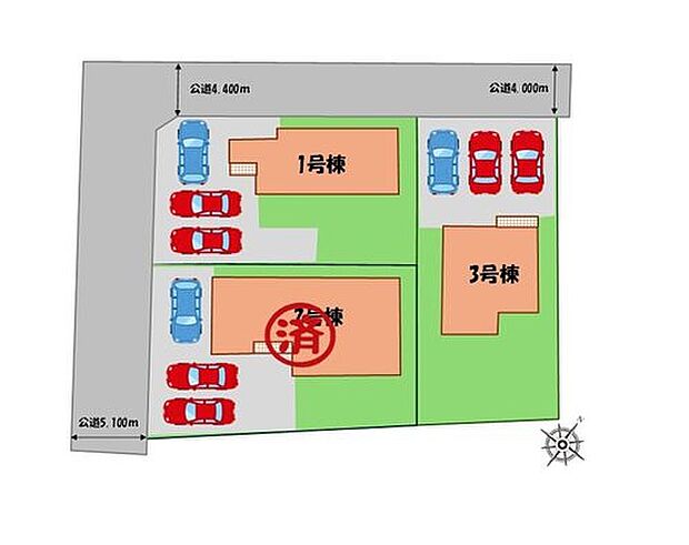 ≪全体区画図≫
駐車３台可能（車種による）！
急な来客時や、ご家族の自転車スペースとしても大活躍♪