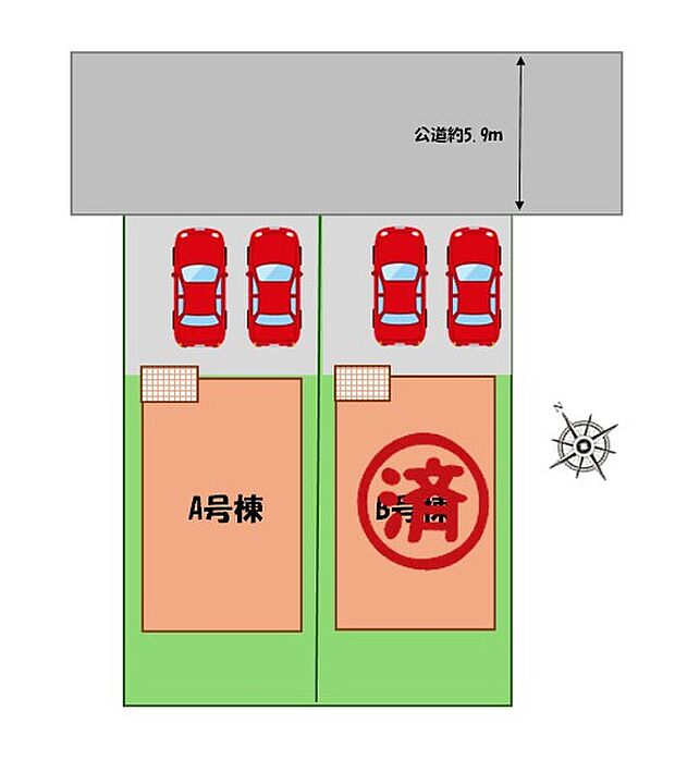 ≪全体区画図≫
駐車２台可能！（車種による）
空いたスペースには、花や緑で彩るガーデニングもオススメです♪