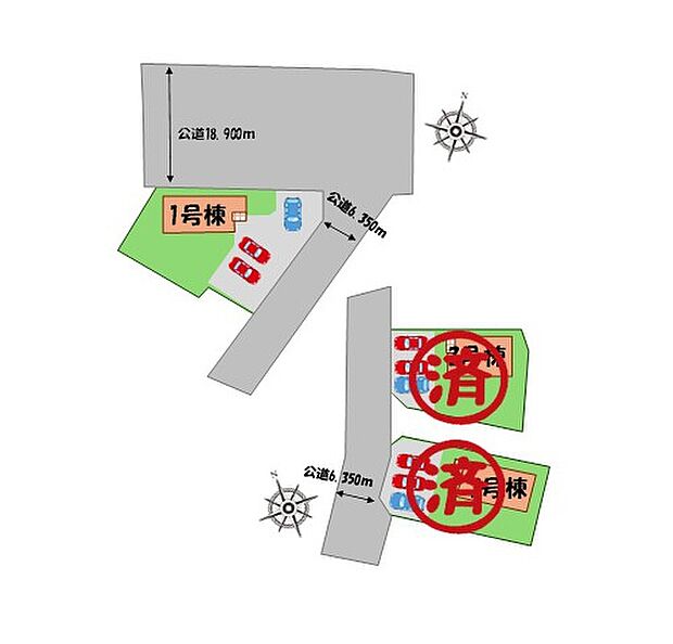 ≪全体区画図≫
駐車３台可能（車種による）！
急な来客時や、ご家族の自転車スペースとしても大活躍♪