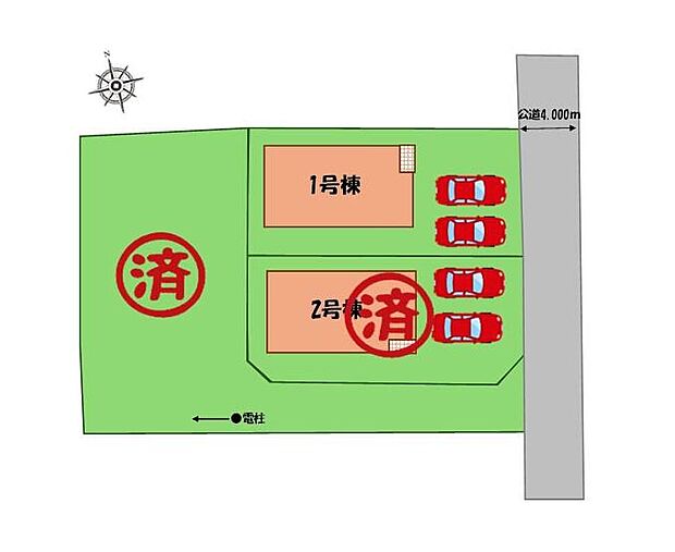≪全体区画図≫
駐車2台可能(車種による)!
急な来客時や、ご家族の自転車スペースとしても大活躍♪