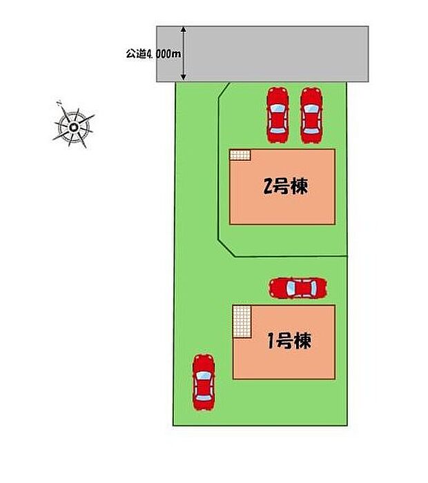 ≪全体区画図≫
駐車２台可能（車種による）！
急な来客時や、ご家族の自転車スペースとしても大活躍♪