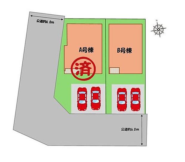 ≪全体区画図≫
駐車2台可能!(車種による)
空いたスペースには、花や緑で彩るガーデニングもオススメです♪