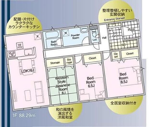 【3LDK】生活動線がシンプルかつコンパクトですので効率の良い動線を作りやすいです。同じフロア内にすべての生活スペースが収まり移動の距離も短く家事のストレスを軽減してくれることでしょう！