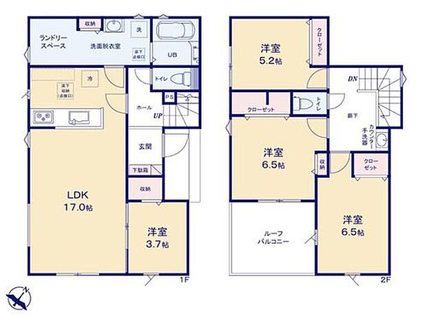 【4LDK】キッチン後ろの洗面所なら、お料理の合間にお風呂掃除、洗濯、そしてランドリールームに干すまでの動作がリビング近くで済んでしまいます！家事動線を短くして効率よく動けますね！