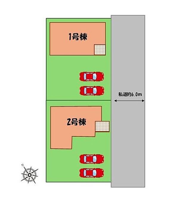 【 全体区画図】駐車2台可能(車種による)!
急な来客時や、ご家族の自転車スペースとしても大活躍♪