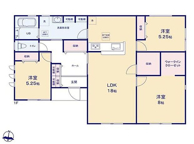 【3LDK】玄関から洗面所に行けるので、すぐに手を洗える・汚れた体で帰宅しても浴室に直行できます!リビングからも洗面所へ行けるので、便利な回遊動線の間取りです。コンパクトな面積で利便性の高い動線を実現しています。