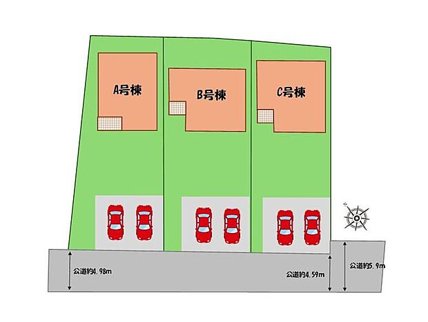 【全体区画図】駐車２台可能！（車種による）
空いたスペースには、花や緑で彩るガーデニングもオススメです♪
