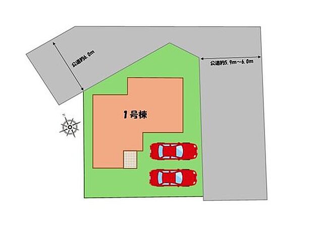 【全体区画図】駐車２台可能（車種による）！
急な来客時や、ご家族の自転車スペースとしても大活躍♪