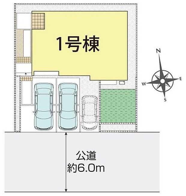 ≪全体区画図≫
車種によりカースペース2～３台分確保◎
前面道路公道６ｍで駐車も楽々♪
お庭付きでガーデニングなども楽しめそうです☆