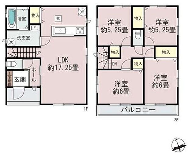 【4LDK】2階の各居室にはそれぞれ収納を完備!帰宅時・外出時の自然なコミュニケーションを育むリビングイン階段を採用。仲良し家族の画が浮かびます。