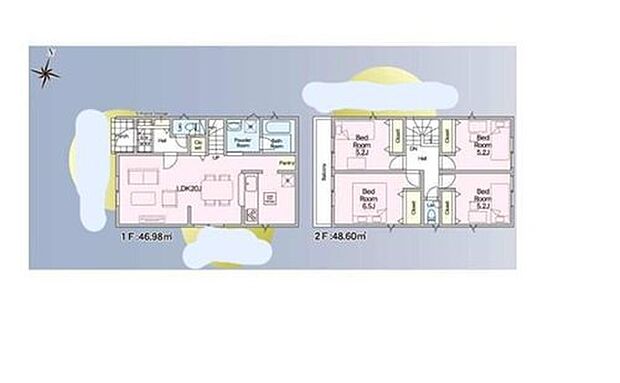 【4LDK】贅沢なほどの大空間LDKは家族で過ごす時間が楽しみになりそうです♪洋室を2階に集約し、プライバシーにも配慮した間取りプラン♪