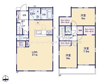 広々２１帖のLDK！対面キッチンからはLDK全体を見渡せます♪２階の洋室にはウォークインクローゼットを２部屋に設置♪便利な浴室乾燥機完備♪ 