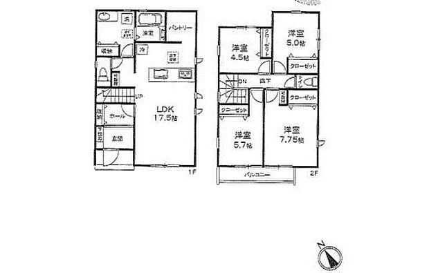 【4LDK】ご家族が集う空間と、個の時間を大切にする居室をしっかり分け合える2階4居室プラン♪キッチンのすぐ横の収納スペースはミネラルウォーターや調味料などの置き場所に最適♪