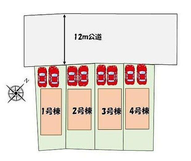 【区画図】カースペース2台分♪前面道路12メートルで駐車も楽々♪