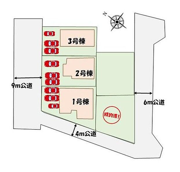【全体区画図】カースペース3台分♪角地につき陽当たり良好♪
