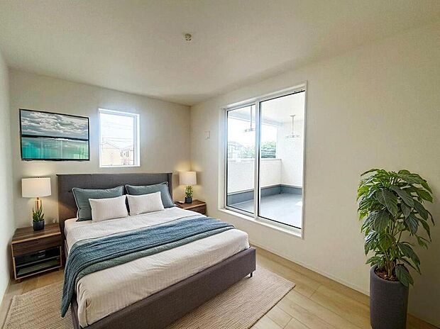 2号棟
2面採光を施した為、晴れの日の日中はいつも明るい室内に。(現況の物件写真に、CG による画像処理を行っています。家具、家電、照明器具、小物、カーテン、その他のイメージはCG です。)