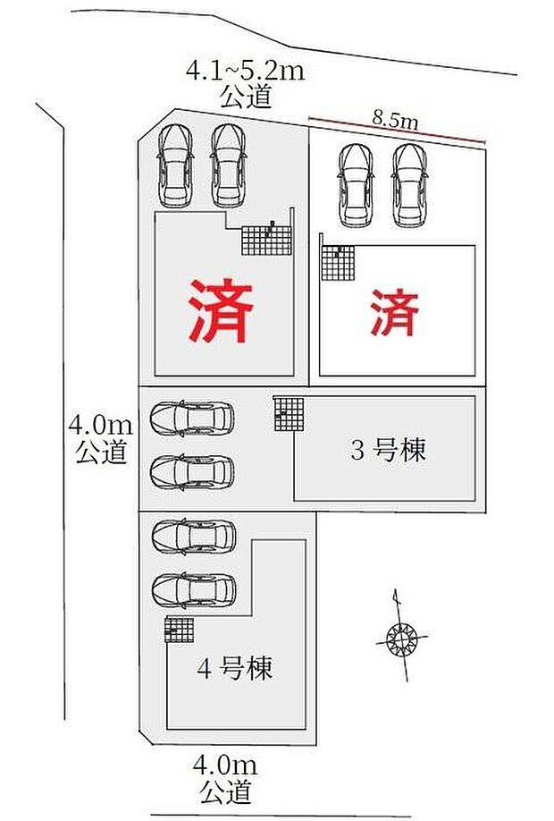 １号棟　ご成約済み
２号棟　ご成約済み
３号棟　３，３９９万円
４号棟　３，６９９万円

並列２台駐車可能なカースペースあり☆