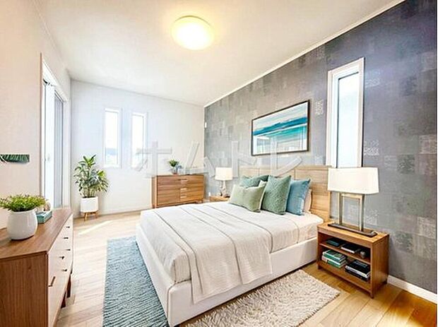 【リビング以外の居室】3面採光を施した為、晴れの日の日中はいつも明るい室内に。(現況の物件写真に、CG による画像処理を行っています。家具、家電、照明器具、小物、カーテン、その他のイメージはCG です。)