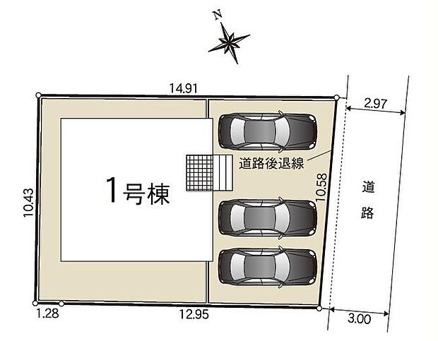 【全体区画図】1号棟 2,690万円
並列3台駐車できるカースペースあり☆