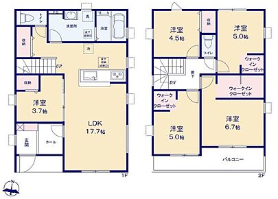 ☆LDK広々17.7帖！リビングが見渡せる対面式キッチン♪
☆水回り集中設計！効率的でストレスのない家事動線◎
☆WICを３箇所に設置♪お部屋スッキリ♪
☆2部屋から行き来できる続きバルコニーでお洗濯も快適♪ 