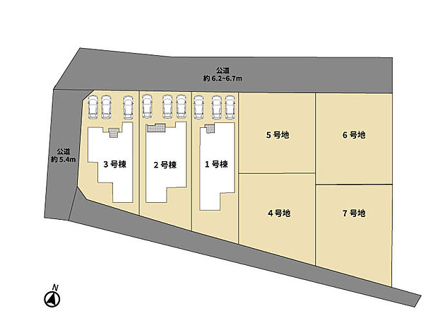 【【区画図】】前面道路も広くて駐車しやすいく、各棟3台ずつ駐車可能!