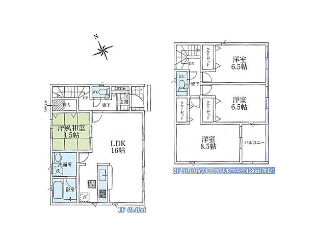 【2号棟/間取図】
洋風和室を備え、和風なテイストも楽しめます♪
全居室収納付きの為、お部屋の整理整頓も楽々です!