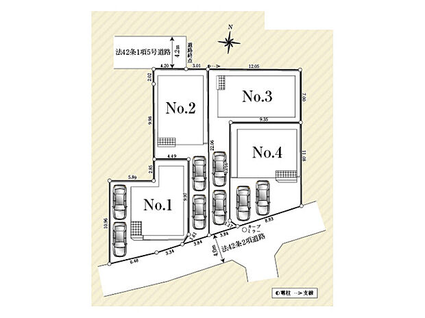 【区画図】
南側道路に接道し陽当り良好！
全棟に駐車2台可能なカースペースをご用意※車種による