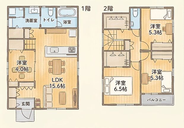 【【参考間取図】】建物面積94.58m2
全居室収納付きで住空間すっきり♪対面キッチンを採用した暮らしやすい間取り