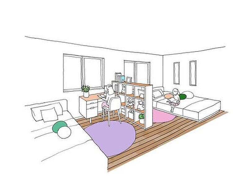 【7号邸・イメージイラスト】
［将来、壁を設置して間仕切りできる洋室］ 空間の間仕切りが可能なプラン。お子様の成長やライフスタイルの変化に合わせて、将来1居室→2居室として独立させることができます。