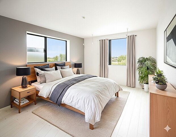 【主寝室】主寝室は広々していて安らげる空間に。バルコニーにすぐアクセスできるため、お洗濯物の片付けもらくらく♪※施工事例です。CGにて家具を配置しています