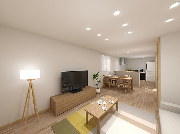 【【完成イメージパース(リビング)】】■システムキッチンはシンクやコンロ、作業台などが一体化しているのが特徴です!設備が一体化しているので掃除がしやすく、キッチンを清潔に保ちやすい構造になっています!