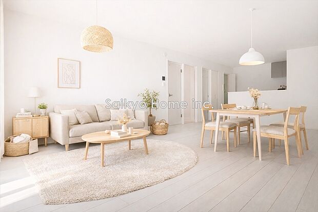 【リビング】陽光ふりそそぐ明るいリビングは20帖！対面式キッチンは、家事をしながら家族の様子が一目でわかる安心＆便利設備です。※家具等はCG加工しております。