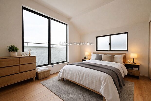 【洋室】2面採光を確保した明るい室内は、風通しも良く、大変居心地の良い空間となっております。爽やかな風を感じて起きる朝は、快適生活の始まりに！
※家具等はCG加工して