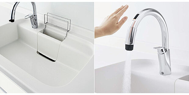 【リクシル　システムキッチン「ES」】【キレイシンク】
シンク底面がフラットで排水口の見えないスッキリデザイン人造大理石製のシンク。
【タッチレス水栓】
吐水も止水も手をかざすだけなので省エネ効果が期待できます。
また、食器洗い乾燥機、熱のこもりにくいIHコンロ、お手入れのしやすい目地のないフラットなキッチンパネル採用するなど、毎日の家事を快適に行えるように厳選したシステムキッチンです。