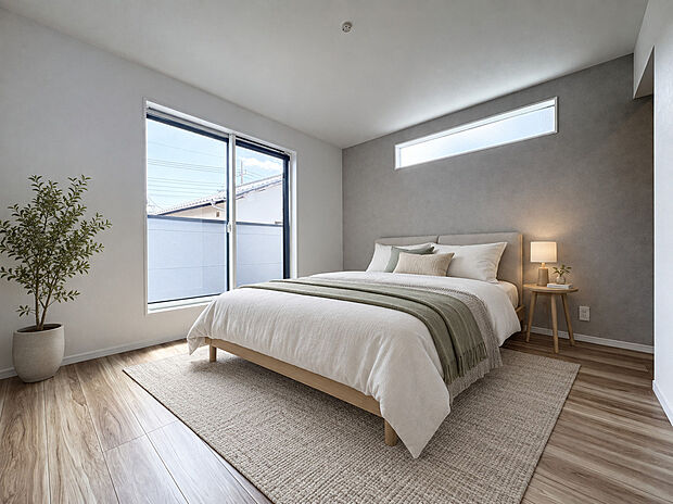【主寝室 (B号棟)】■全居室収納あり
■ゆとりの広さ
※家具・小物・植栽等は、生成AIによるイメージです。販売価格には含まれません。
