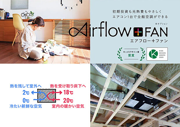 【Airflow+FAN】寒冷地エアコンと全熱交換型24時間換気システムを取り入れた独自のシステム「Airflow+FAN」を導入し、低燃費で快適な室内環境づくりを行っています。